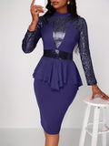 Vintage Chic Solid Sequin Long Sleeve Bodycon Pencil Dress - Tie Waist, Hip Hugging, Flattering Fit - Women's Clothing, Perfect for Party, Night Out, or Special Occasion