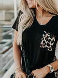 Purpdrank [Summer V Neck Short Sleeve Tee] Leopard Print Contrast T-shirt, Casual V Neck Short Sleeve Summer T-shirt, Women's Clothing