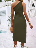 Purpdrank [Lace Up Split Hem Dress] Cut Out Lace Up Split Hem Dress, Elegant One Shoulder Sleeveless Dress For Spring & Summer, Women's Clothing