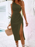 Purpdrank [Lace Up Split Hem Dress] Cut Out Lace Up Split Hem Dress, Elegant One Shoulder Sleeveless Dress For Spring & Summer, Women's Clothing