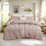 Purpdrank  Ruched Floral Duvet Cover Queen Size, 100% Cotton Farmhouse Shabby Chic Garden Bedding Sets Boho Pink Flower 3pcs Soft Comforter Cover Set with Pillowcases for All Seasons And Girls Women Room Decor