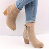 Women's Solid Color Trendy Boots, Side Zipper Comfy Chunky Heel Ankle Boots, Versatile Round Toe Boots