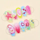 Purpdrank  30pcs Summer Beach Shell Colorful Starfish Flower Butterfly Heart Almond Nail Art Press-On Nail Stickers + Jelly File Strips