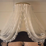 Purpdrank  White Lace Bed Canopy, Dreamy and Romantic Bedroom Decor with Metallic Leaf Crown Stand, Exquisite Bridal Chamber Decoration for Brides