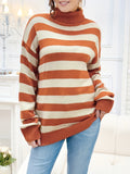Cozy Striped High Neck Turtle Neck Pullover Sweater - Soft Micro Elastic Acrylic Knit Fabric, Elegant Winter Long Sleeve Drop Shoulder Casual Top - No Printing, Non-Sheer, Color Block Patterned