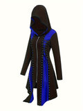 Vintage-Inspired Peplum Hooded Dress - Color Block, Micro Elasticity, Long Sleeve, Polyester, Solid Color, No Printing, Spring/Fall Wear - Womens Gothic Bandage Dress for Adult