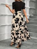 Lace Up Floral Print Splicing Dress, Elegant Crew Neck Short Sleeve Dress For Spring & Summer, Women's Clothing