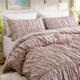 Purpdrank  Ruched Floral Duvet Cover Queen Size, 100% Cotton Farmhouse Shabby Chic Garden Bedding Sets Boho Pink Flower 3pcs Soft Comforter Cover Set with Pillowcases for All Seasons And Girls Women Room Decor