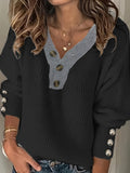 Purpdrank Contrast Trim V Neck Sweater, Casual Long Sleeve Pullover Sweater, Women's Clothing