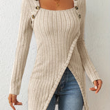Purpdrank Chic Ribbed Long Sleeve Top with Unique Button Accent - Asymmetrical Hem - Perfect for Womens Spring & Fall Fashion