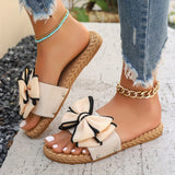 Purpdrank [Off-the-Shoulder Summer Sandals] Re Na Qian Qing Women's Summer Slide Sandals - Chic Off-the-Shoulder, Bowknot Design - Fabric Upper, Flat Heel, Open Toe, PU Sole, Handwash/Dry Clean