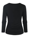 Elegant Women's Long Sleeve Solid Surplice Neck T-Shirt for Spring & Fall, Ruched Top Clothing