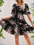 Floral Print Shirred Waist Dress, Elegant Short Sleeve Square Neck Dress, Women's Clothing