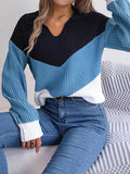 Cozy Colorblock Knit Lapel Collar Sweater - Soft Mid-Elastic Acrylic Fabric, Casual Long Sleeve Design, Hand Washable, Perfect for Fall and Winter - Womens Clothing
