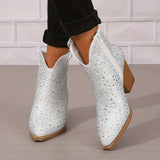 Women's Rhinestone Decor Ankle Boots, Pointed Toe Chunky Heeled Cowboy Boots, V-cut Pull On Boots for Music Festival