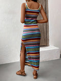 Striped Pattern Square Neck Tank Dress, Vintage Sleeveless Split Slim Dress For Spring & Summer, Women's Clothing