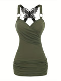 Purpdrank Solid Color Y2K Ruched Strap Tank Top - Fashionable Cold Shoulder Butterfly Lace - Versatile Spring & Summer Style for Womens Cute/Coquette Closet