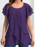 Vibrant Color Crew Neck Blouse - Ruffled Sleeve, Layered, Casual, Spring & Summer Essential - Women's Clothing for Everyday Wear
