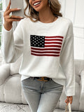 American Flag Pattern Crew Neck Long Sleeve Sweater - Soft Medium Stretch Acrylic Knit Fabric, Elegant Casual Style, Regular Fit, Hand Wash or Dry Clean, Perfect for Fall and Winter - Womens Clothing