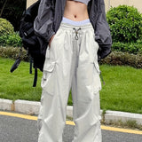 Purpdrank Y2K Chic Draped Cargo Pants - Versatile Solid Drawstring Design with Pockets - Fashion-Forward Womens Streetwear