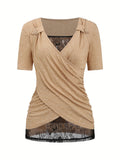 2-in-1 Chic Contrast Lace Ruched T-Shirt - Slim Fit, Short Sleeve, Breathable, Comfortable, Versatile - Perfect for Spring & Summer, Womens Fashion Clothing
