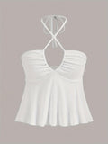 Purpdrank Chic Cross Front Ruched Halter Top - Flattering Tie Back, Sleeveless Summer Style - Trendy Y2K Inspired, Perfect for Cute & Coquette Fashionistas
