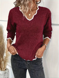 Contrast Trim V Neck Pullover Sweater, Casual Long Sleeve Knitted Sweater For Spring & Fall, Women's Clothing