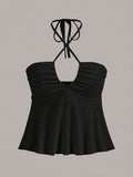 Purpdrank Chic Cross Front Ruched Halter Top - Flattering Tie Back, Sleeveless Summer Style - Trendy Y2K Inspired, Perfect for Cute & Coquette Fashionistas