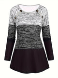 Plaid & Stripe Print Colorblock T-Shirt, Casual Long Sleeve Crew Neck Top For Spring & Fall, Women's Clothing