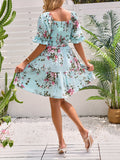 Floral Print Shirred Waist Dress, Elegant Short Sleeve Square Neck Dress, Women's Clothing
