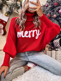 Merry Christmas Batwing Sweater - Pullovers with Elegant Turtle Neck, Long Sleeve, Fall and Winter Women's Clothing with Festive Pattern