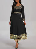 Vintage Chic Long Sleeve Elegant Dress - Women's Crew Neck Dresses for Spring and Fall - Comfortable, Classic, and Versatile Clothing for Everyday Wear