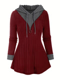 Womens Color Block Hoodie Sweatshirt - Stylish & Cozy Tunic with Drawstring Hood - Relaxed Fit Casual Wear for Everyday Comfort