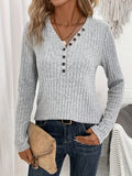 Vibrant Ribbed Button Front Long Sleeve V Neck T-Shirt - Soft Casual Wear for Spring & Fall - Women's Comfortable Clothing for Everyday Life