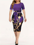 Chic Chain Print Womens Sheath Dress - Short Sleeve, Tie Waist, Casual Style - Perfect for Spring & Summer - A Fashion Must-Have for Your Wardrobe