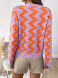 Long Sleeve Chevron Pattern Crew Neck Drop Shoulder Color Block Sweater for Women, Casual Winter & Fall Clothing