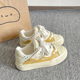Purpdrank  Women'S White & Yellow Low-Top Sneakers with Floral Pattern - Lace-Up Casual Shoes, Synthetic Synthetic Upper, Rubber Sole, All-Season Comfort for Casual Attire, Ladies Sneakers, Allseason Footwear, Durable Tractio
