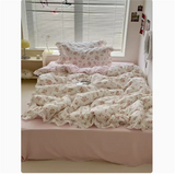 Purpdrank  Cute Princess Fashion Lattice Bedding Set Bed Sheet AB Double Sided Ruffle Flower Quilt Cover Pillowcase Bedclothes Home Textile