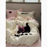 Purpdrank  INS Cute Cat Style Bedding Sets Ruffle Bow Quilt Cover Romantic Bedclothes Decor Woman Girls Bedroom Duvet Cover 4pcs