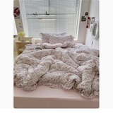 Purpdrank  Cute Princess Fashion Lattice Bedding Set Bed Sheet AB Double Sided Ruffle Flower Quilt Cover Pillowcase Bedclothes Home Textile