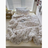 Purpdrank  Cute Princess Fashion Lattice Bedding Set Bed Sheet AB Double Sided Ruffle Flower Quilt Cover Pillowcase Bedclothes Home Textile