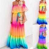 Purpdrank  Off Shoulder Gradient Ombre Color Belt Ruffles Maxi Chiffon Dress V-F