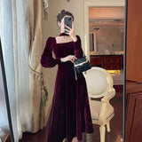 Sexy Dress Women French  Vintage Square Collar Waist Office Lady Wine Red Golden Velvet Autumn WinterParty Female Clothing