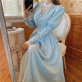 Purpdrank - Elegant Woman Blue Dress Vintage French Style Puff Sleeve Half High Collar Patchwork Lace Retro Princess Dresses Vestido Festa