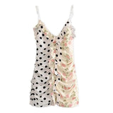 Purpdrank  Sexy Polka Dot Stitching Floral Print Splice Ruffles Summer Spaghetti Strap Dress Ruched Lacing up Mini Short Party Dresses