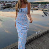 Purpdrank  Fashion Floral Print Cottagecore Elegant Sleeveless Maxi Sundress Sexy Backless Women Party Club Tie Front Dresses Holiday