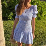 Purpdrank  blue floral Printed Ruffle Mini Dress Smocked puff sleeves cute summer dress round neck sexy women dress