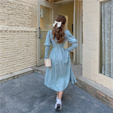 Purpdrank - Elegant Woman Blue Dress Vintage French Style Puff Sleeve Half High Collar Patchwork Lace Retro Princess Dresses Vestido Festa