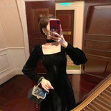 Sexy Dress Women French  Vintage Square Collar Waist Office Lady Wine Red Golden Velvet Autumn WinterParty Female Clothing