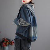Purpdrank - New Arrival Spring Autumn Women Casual Loose Hooded Collar Print Zipper Coat Long Sleeve Patchwork Cotton Denim Coats W616